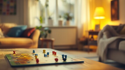 Fototapeta premium A board game is set up on a wooden table in a cozy, warmly lit living room, offering an inviting space for relaxation and fun.
