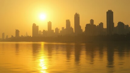 Obraz premium Sunrise over the Mumbai skyline, with the sun casting a golden glow on the buildings and sea.