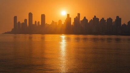 Fototapeta premium Sunrise over the Mumbai skyline, with the sun casting a golden glow on the buildings and sea.