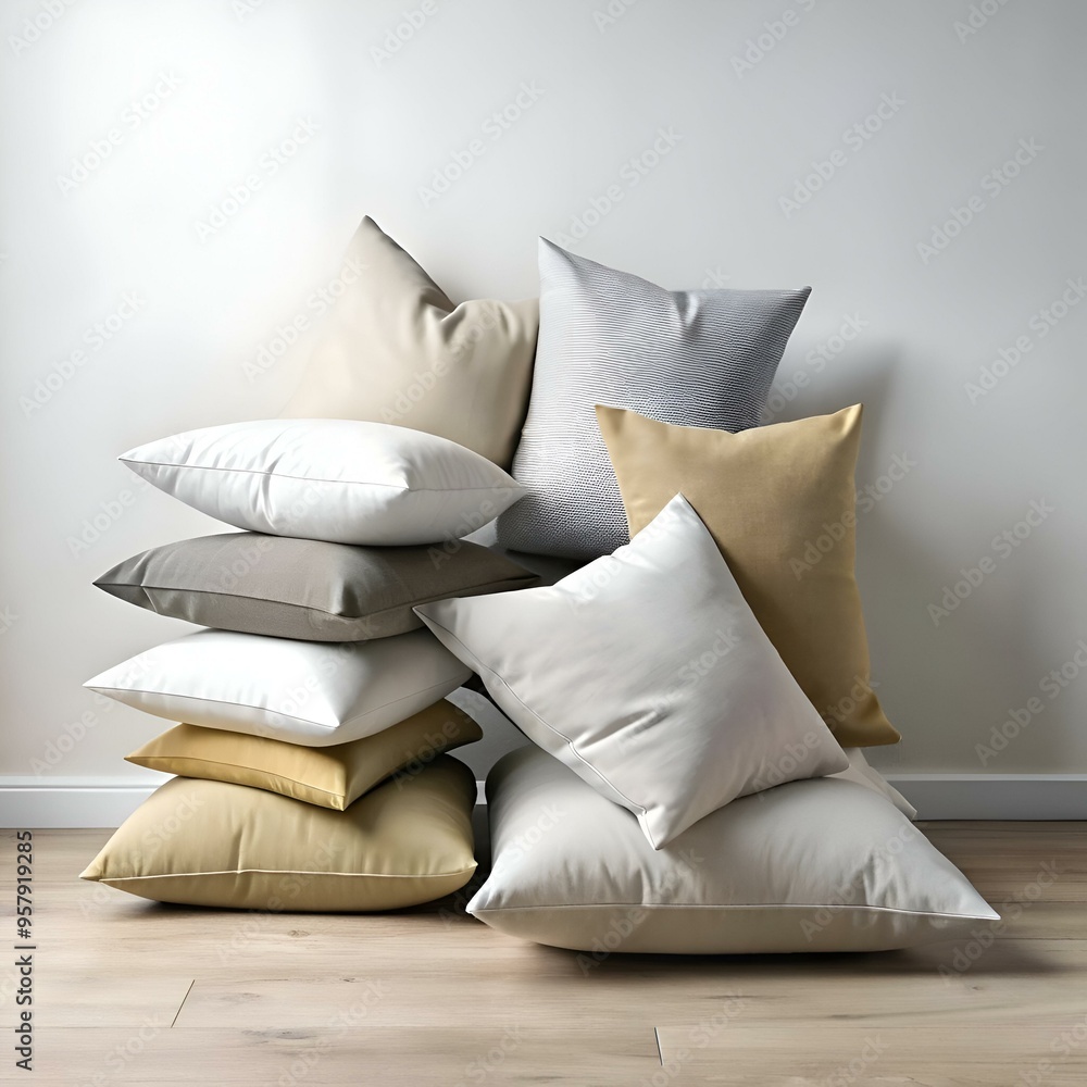 Poster a stack of cozy and inviting pillows in a variety of neutral tones. perfect for adding a touch of wa