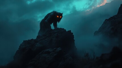 Detailed and Eerie Illustration of a Skin-Walker with Glowing Eyes and a Shifting Form, Capturing the Supernatural and Unsettling Nature of this Mythical Creature