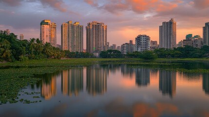Obraz premium Sunset over the Powai Lake, with reflections of the surrounding buildings and greenery in the water.