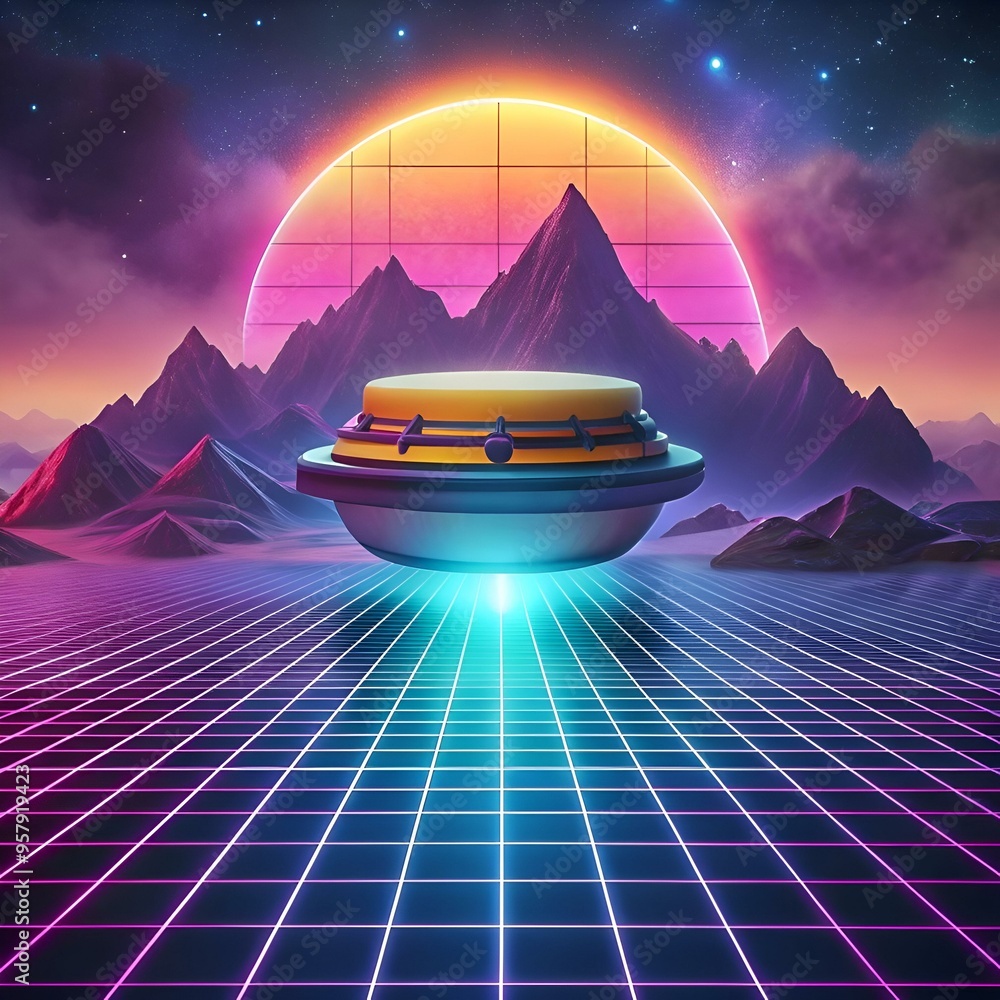 Poster a retro futuristic scene with a glowing disc hovering over a grid landscape.