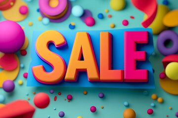 Colorful 3D sale text with playful abstract shapes