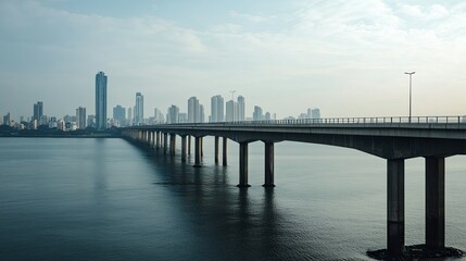 Obraz premium The Bandra-Worli Sea Link bridge stretching across the bay, with the Mumbai skyline in the distance.