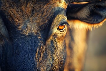 A closeup of wildebeest faces, showing the determination and endurance required for the migration, sharp focus, natural light, warm tones, emotional connection