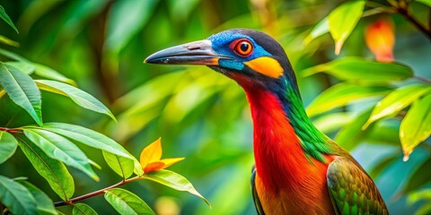 Obraz premium Close-up of a bird with a long neck perched in a vibrant tree with lush leaves
