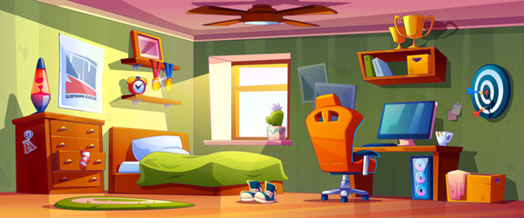 Boy teenage room interior. Teen bedroom cartoon background. Study furniture for child in house. Indoor darts and workspace near window in apartment. Young gamer home design with shelf and computer © klyaksun