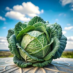 Obraz premium A crisp and detailed 3D illustration of a fresh. green cabbage against a vibrant blue sky with fluffy white clouds.