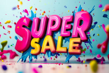 'Super Sale' text with vibrant paint splashes