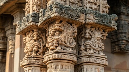 Obraz premium The detailed carvings on the stone pillars of the Sun Temple in Konark.