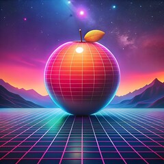 A retro futuristic 3D illustration of an apple against a vibrant 80s inspired landscape with glowing neon grids.