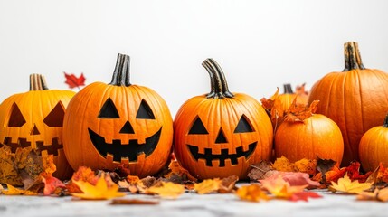 Fototapeta premium Jack o Lantern Pumpkins with Fall Leaves for Halloween