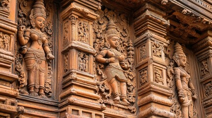Obraz premium The detailed terracotta panels on the walls of an ancient Indian temple, depicting mythological scenes.