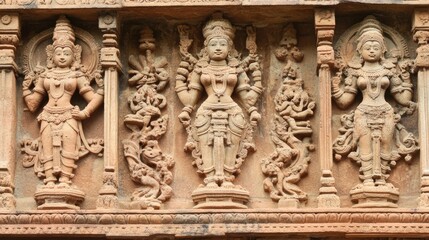 The detailed terracotta panels on the walls of an ancient Indian temple, depicting mythological scenes.