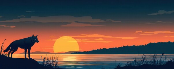 Haunted twilight sky with a lone werewolf silhouette, flat design, front view, spectral theme, water color, Complementary Color Scheme