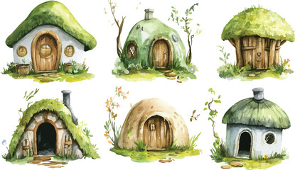 Set of Watercolor Illustrations of Different Huts in Children’s Fantasy World
