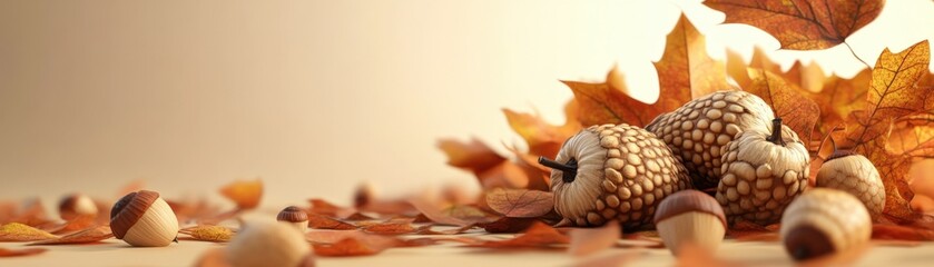 Obraz premium Warm-colored acorns, nestled in autumn leaves, 3D Blender style, minimal, isolated beige background