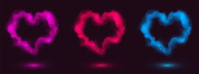 Neon smoke hearts set isolated on transparent background. Vector realistic illustration of neon red, pink, blue mist clouds, Valentine Day banner decoration, romantic love symbol, steam puff effect