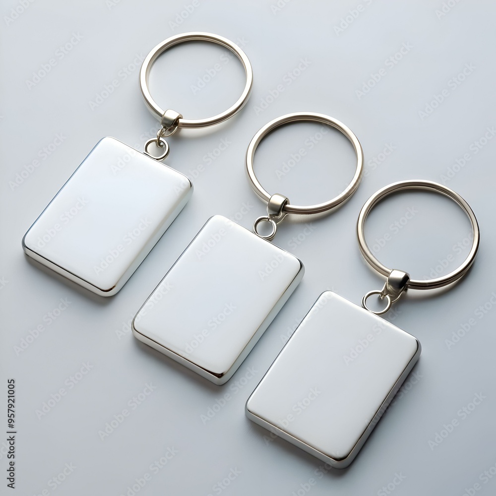 Poster three blank silver keychains with rectangular tags. perfect for branding and promotional designs.