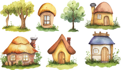 Set of Watercolor Illustrations of Different Huts in Children’s Fantasy World