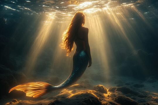 Enchanting mermaid swimming in sunlit underwater scene