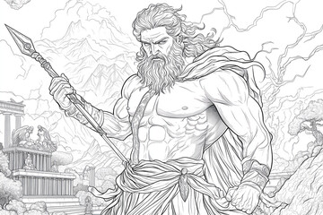 Zeus illustration with lightning for children’s coloring book