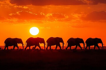 Elephants silhouetted against a deep orange sky as they march towards a waterhole at sunset, warm tones, dramatic lighting, natural light, serene setting