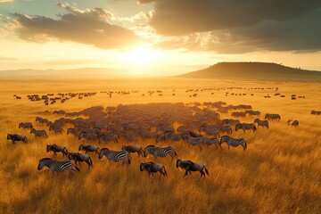 Wildebeest and zebras migrating together across a vast, golden savannah, wideangle shot, warm tones, natural light, peaceful atmosphere