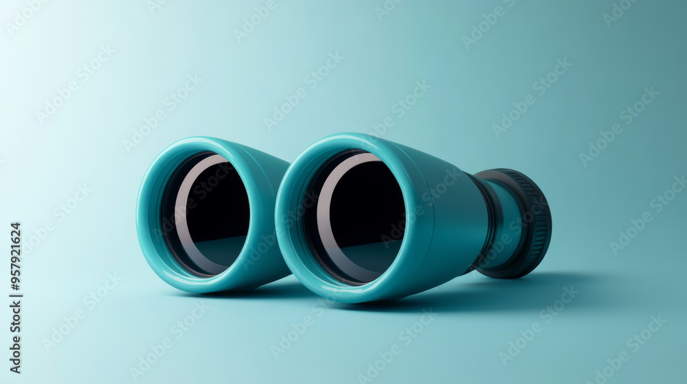 Poster create a 3d rendering of a binoculars icon against a clean, neutral background. the design should be