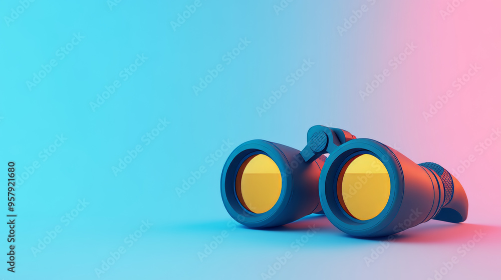 Poster create a 3d rendering of a binoculars icon against a clean, neutral background. the design should be