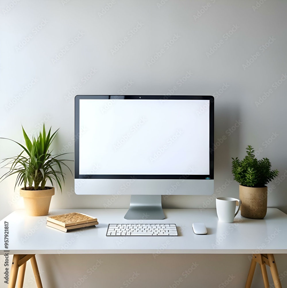Poster clean and minimalist workspace with a computer monitor. keyboard. mouse. and potted plants.