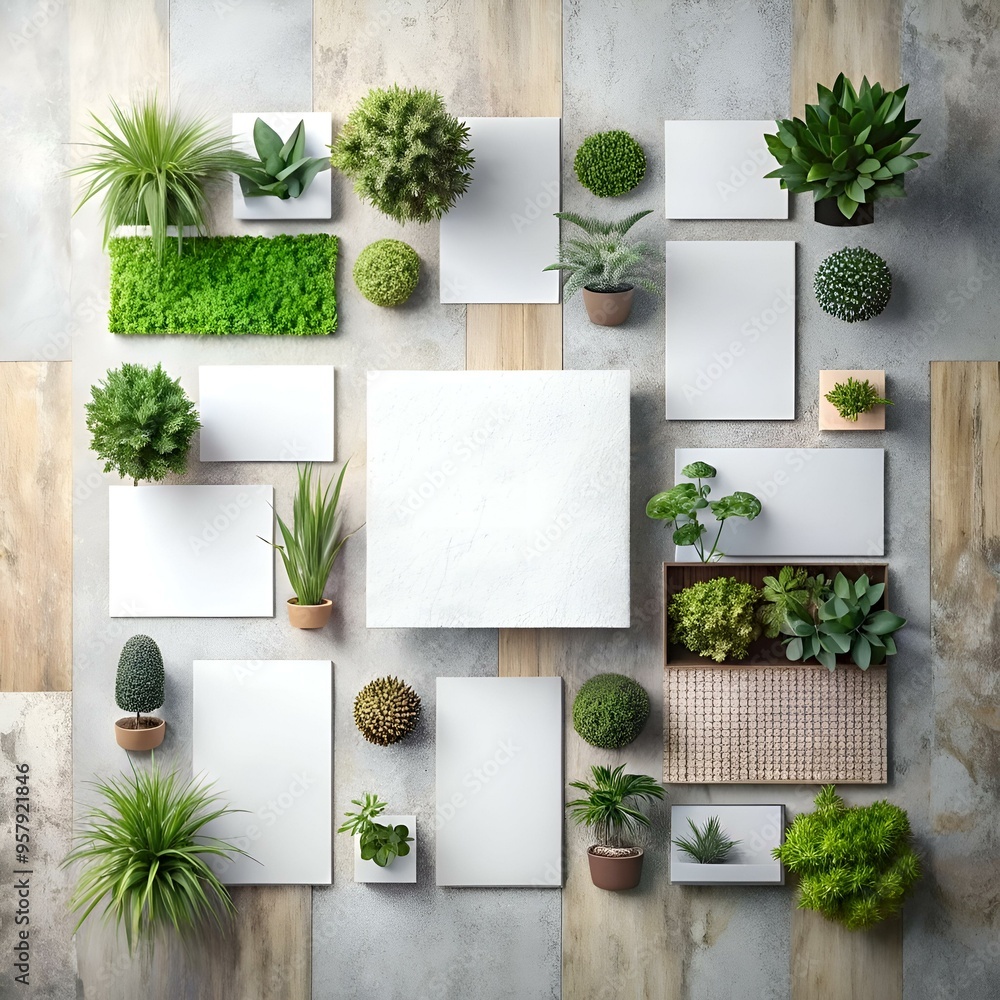 Poster a clean and minimalist design featuring various potted plants and empty frames. creating a serene an