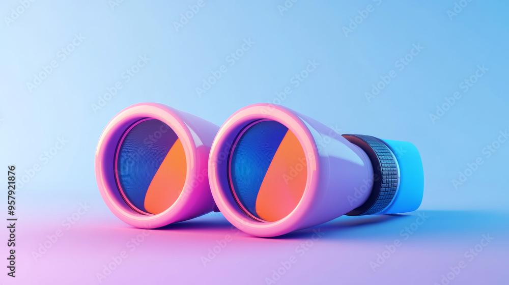Poster create a 3d rendering of a binoculars icon against a clean, neutral background. the design should be