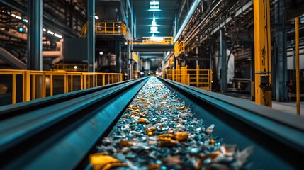 Railroad tracks in a industrial factory with metal shavings.