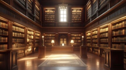 Fototapeta premium A vast, glowing library with endless bookshelves and a reflective floor.