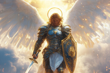 Archangel Michael with sword and shield soaring in the sky