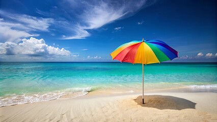 Colorful beach umbrella overlooking crystal clear ocean on a sunny day