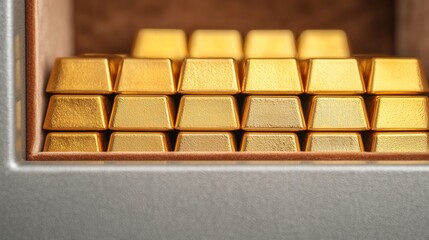 Precious Gold Bullion Stored in Luxurious Safe with Soft Velvet Interior, High Realism Detailed Closeup Shot with Copy Space, Selective Focus Foreground, Ultra HD Quality