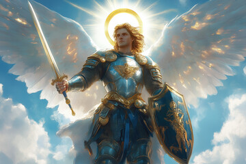 Michael the Archangel with sword and shield, sky backdrop