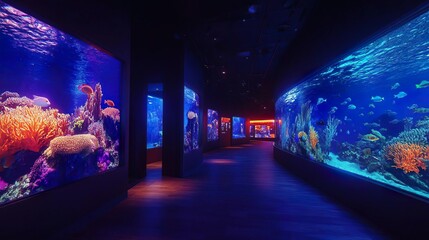 Obraz premium A tunnel aquarium with colorful fish and coral reefs