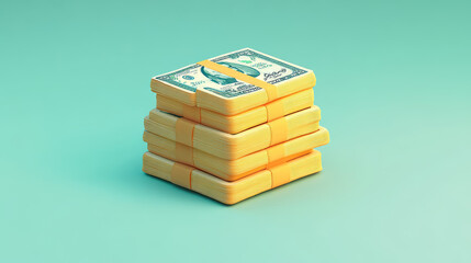 Obraz premium A 3D rendering of a bundle of money icon set against a clean, minimalist background. The design features a cartoon-style representation of the money bundle, with simple yet bold lines and a vibrant co