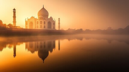 The majestic Taj Mahal in Agra, India, bathed in the soft glow of the sunrise, with its reflection in the Yamuna River.