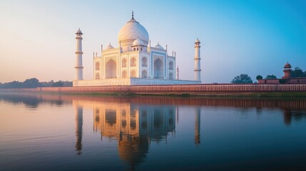 The majestic Taj Mahal in Agra, India, bathed in the soft glow of the sunrise, with its reflection in the Yamuna River.