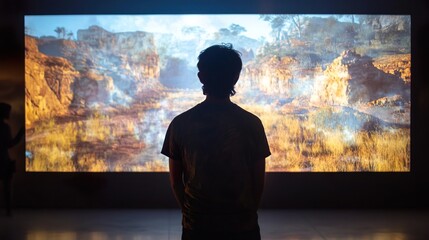 A person stands in front of a large screen displaying a scenic landscape.