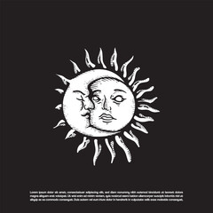 Vintage retro hand drawn mystical moon and sun magical vector art isolated on black background