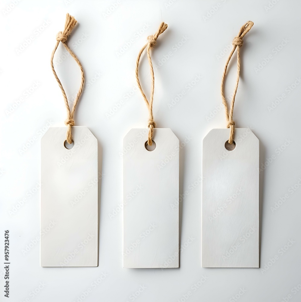 Poster three blank white gift tags with twine string. perfect for adding your own text or design.