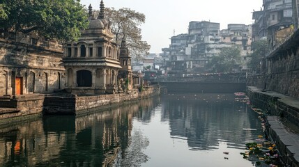 The serene Banganga Tank in Mumbai, surrounded by ancient temples and old stone buildings.