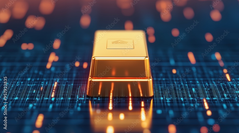 Aufkleber digital gold bullion reserve with glowing data streams and advanced technology design, selective foc