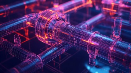 3D render of a water meter and pipe junction, showcasing intricate details in a holographic style, with transparent parts and glowing lines, set against a dark gradient background.